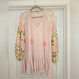 Free People Pink Tunic/Mini Dress with Floral Sleeves